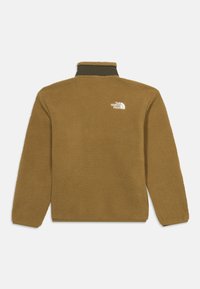 Veste en polaire marron à manches longues et col montant, avec le logo blanc "The North Face" sur le haut du dos.