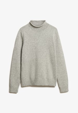 Gray knitted turtleneck sweater with ribbed cuffs and hem. Soft texture, long sleeves, and a fitted silhouette. No patterns or accents.
