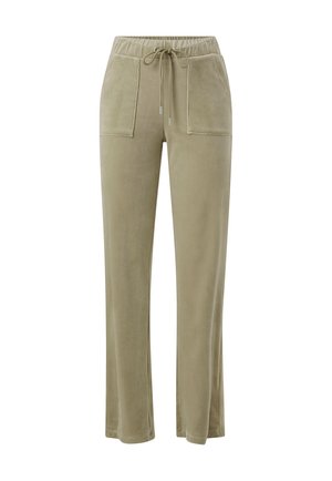 Licht olijf groene, zachte fleece loungebroeken met een elastische tailleband, trekkoordsluiting en twee voorkruiszakken. Rechte pasvorm.