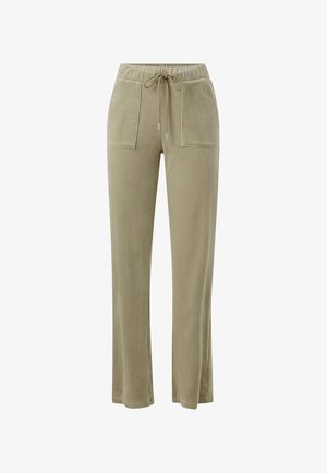 Licht olijf groene, zachte fleece loungebroeken met een elastische tailleband, trekkoordsluiting en twee voorkruiszakken. Rechte pasvorm.