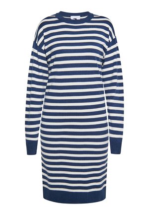 Merine ja valge triibuline sviitrikleit pika varrukaga, ümmarguse kaelusega ja mugava lõikega. Valmistatud pehmest tekstureeritud kangast.