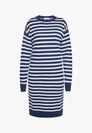 Merine ja valge triibuline sviitrikleit pika varrukaga, ümmarguse kaelusega ja mugava lõikega. Valmistatud pehmest tekstureeritud kangast.