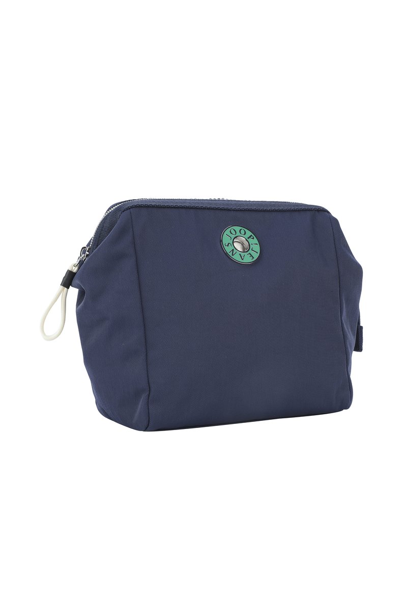 Taschen aus strukturiertem Stoff in Navy-Blau, mit einem Reißverschluss als Verschluss und einem runden grünen Logo-Akzent auf der Vorderseite. Kompakte und rechteckige Form.