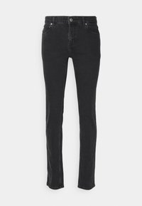 Black denim jeans with a slim fit, featuring a button closure, five pockets, and subtle stitching details along the seams.