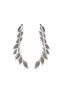 Orecchini a forma di foglia d'argento con design curvo e accenti grigi a forma di marquise allungati. Finitura liscia con dettagli visibili.