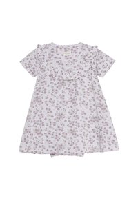 Lila klänning med korta ärmar, blommigt mönster i lila och grönt, rund halsringning och en volangdetalj längs halsen. Mjuk bomullsmaterial.