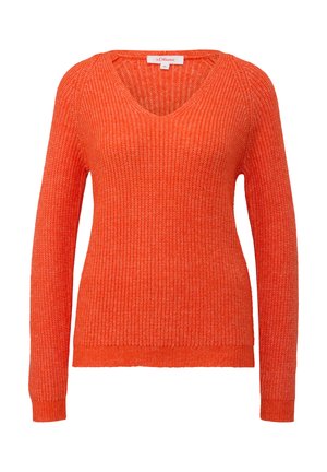Oranger Strickpullover mit langen Ärmeln, V-Ausschnitt, gerippter Textur und tailliertem Design, mit einem Saum und Bündchen in ähnlichem Strick.