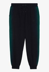 Černé tepláky s přechodem do zelené barvy. Mají elastický pas, boční kapsy a žebrované manžety. Jemná textura a minimální značení.