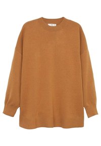 Pomarańczowo-brązowy, oversize’owy sweter z okrągłym dekoltem i długimi rękawami. Wykonany z miękkiego, dzianinowego materiału o fakturowym wykończeniu.