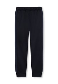 Marine sportieve broek gemaakt van zachte stof, met een elastische tailleband, taps toelopende manchetten en contrasterende zijstrepen voor detail.