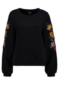 Black long-sleeve crewneck sweatshirt with elastic cuffs and colorful floral embroidery along both sleeves.