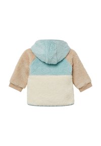 Bluza polarowa z dwukolorowym wzorem; w kolorach beżowym, jasnoniebieskim i kremowym, z miękką teksturą oraz kapturem. Prosty, casualowy krój.