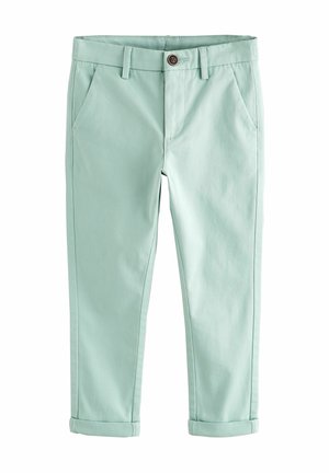 Pantalon slim vert clair avec poches avant, passants de ceinture, fermeture par bouton et revers roulés, présenté sur fond blanc.