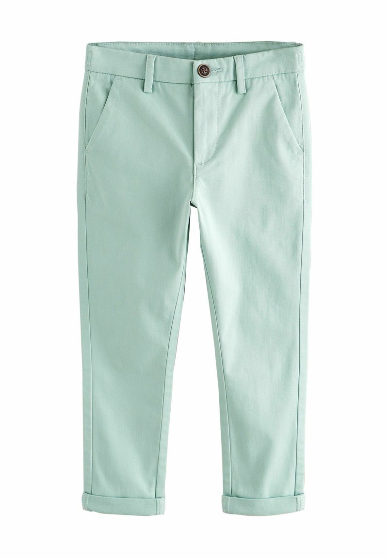 Pantalon slim vert clair avec poches avant, passants de ceinture, fermeture par bouton et revers roulés, présenté sur fond blanc.