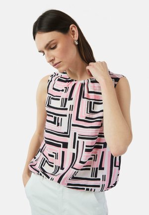 Ärmellose Bluse mit einem geometrischen Muster in Pink, Schwarz und Weiß. Weicher Stoff mit gerafftem Ausschnitt.