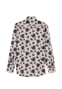 Long-sleeve shirt featuring a light background with a floral pattern in brown, blue, and green. Button-down collar and cuffs. Smooth fabric.