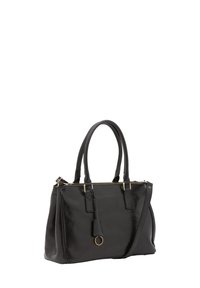 Borsa a mano in pelle nera con due manici, zip sulla parte superiore e hardware in tono oro. Presenta una tracolla rimovibile e un design minimalista.