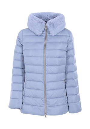 Ljusblå vadderad jacka med fuskpälskrage, vertikalt quiltat mönster, dragkedja framtill och sidofickor.