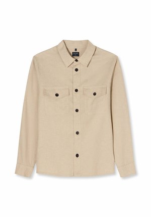 Beiges langärmliges Hemd mit Knöpfen, zwei Klappentaschen vorne und schwarzen Knöpfen, mit klassischem Kragen.