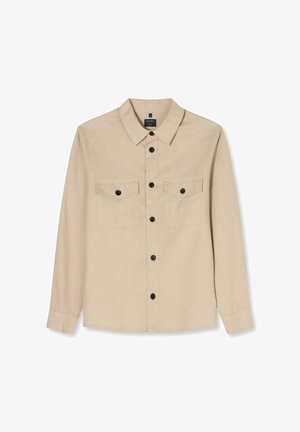 Beiges langärmliges Hemd mit Knöpfen, zwei Klappentaschen vorne und schwarzen Knöpfen, mit klassischem Kragen.