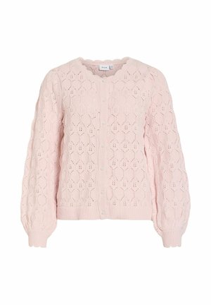 Šviesiai rožinis megztas kardiganas su banguotu iškirpte, perlų imitacijos sagomis, pūstomis ilgomis rankovėmis ir tekstūruotu šešiakampiu raštu.