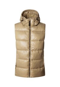 Beige puffervest met een capuchon, voorzien van een ritssluiting aan de voorkant, horizontale stiksels en trekkoordaccenten. Glad, glanzend buitenmateriaal.