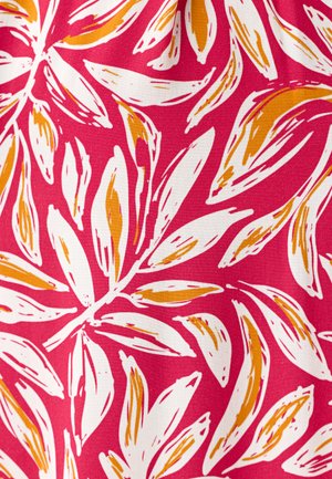 Motifs abstraits de feuilles blanches et orange dispersés sur un fond de tissu rose vif.