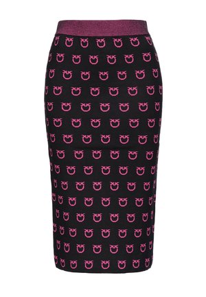 Jupe crayon noire avec une taille élastique violette, présentant un motif répétitif de petites ananas roses stylisées ou de fruits sur tout le tissu.