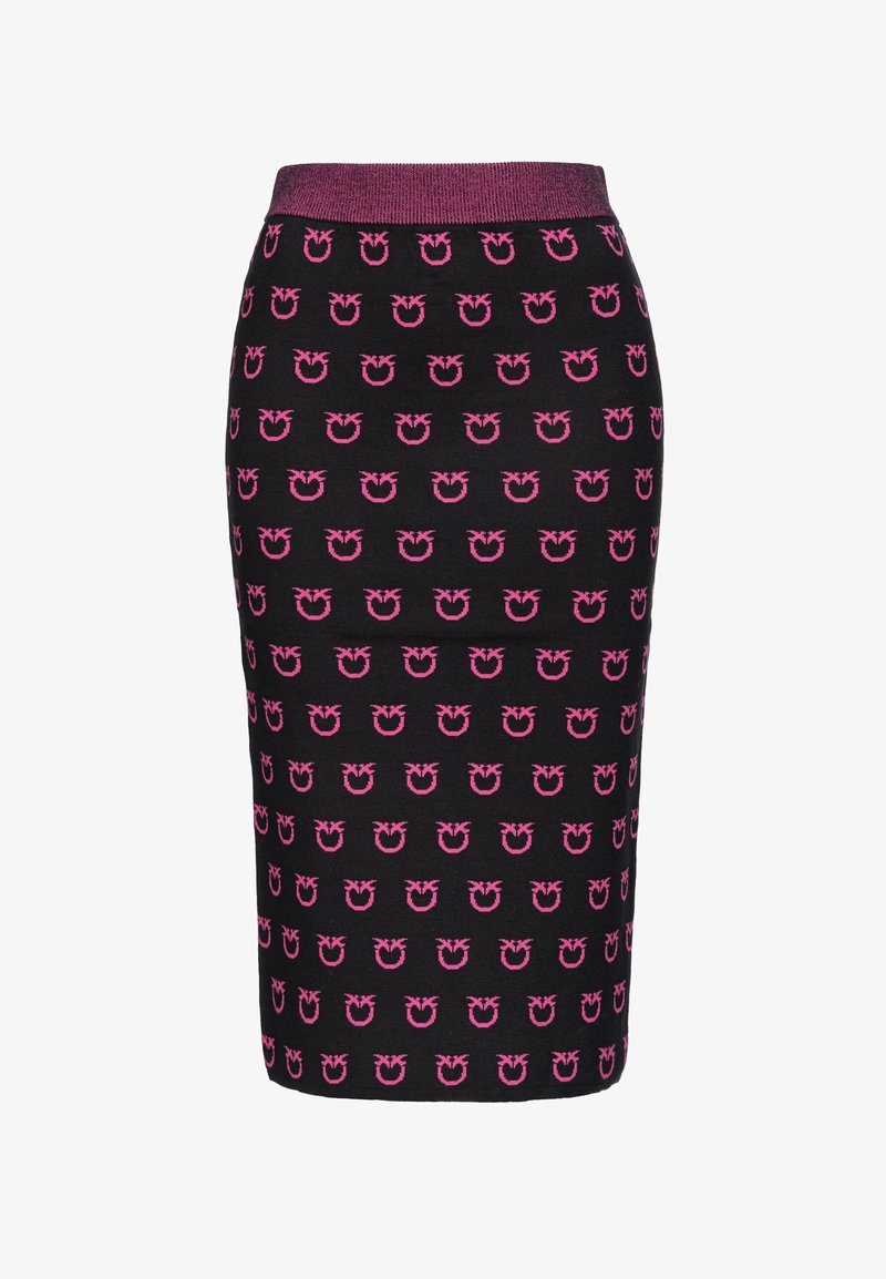 Jupe crayon noire avec une taille élastique violette, présentant un motif répétitif de petites ananas roses stylisées ou de fruits sur tout le tissu.