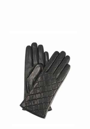 Czarne skórzane rękawiczki z zewnętrznym, diamentowym wzorem pikowania, wyposażone w pięć wydłużonych palców i gładką podszewkę wewnętrzną.