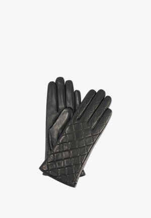 Czarne skórzane rękawiczki z zewnętrznym, diamentowym wzorem pikowania, wyposażone w pięć wydłużonych palców i gładką podszewkę wewnętrzną.