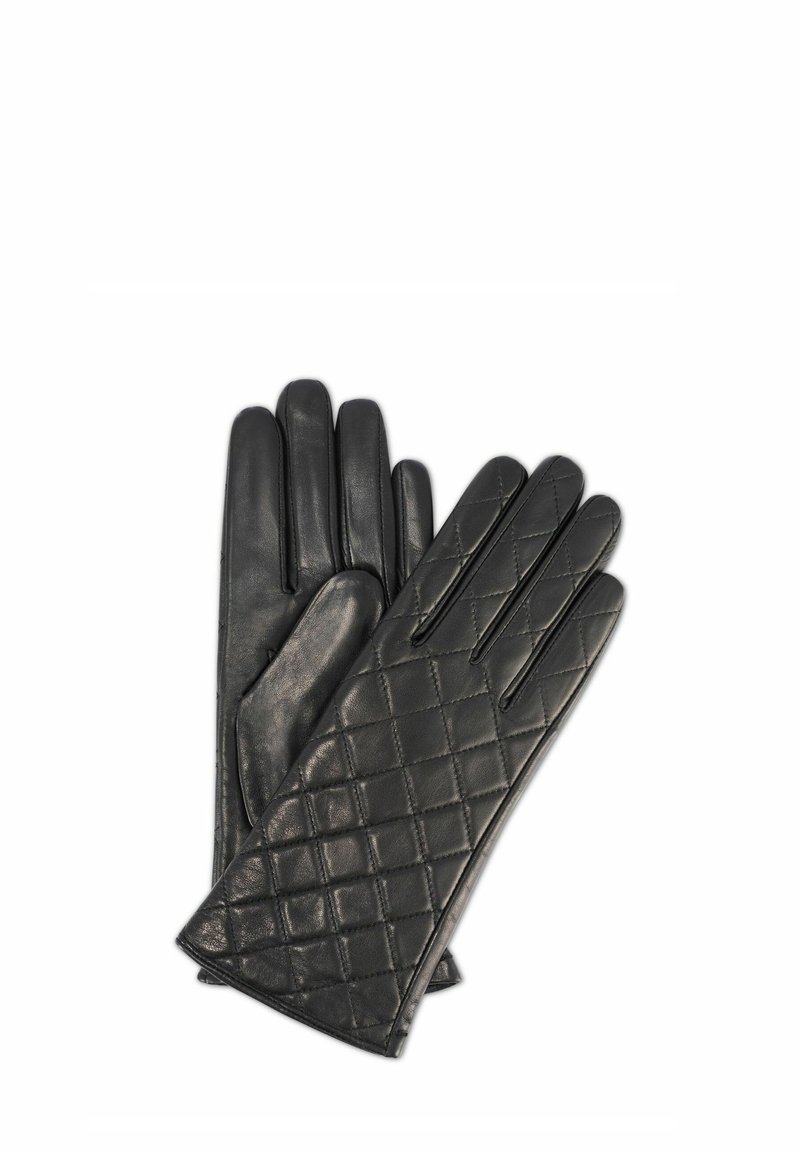 Czarne skórzane rękawiczki z zewnętrznym, diamentowym wzorem pikowania, wyposażone w pięć wydłużonych palców i gładką podszewkę wewnętrzną.
