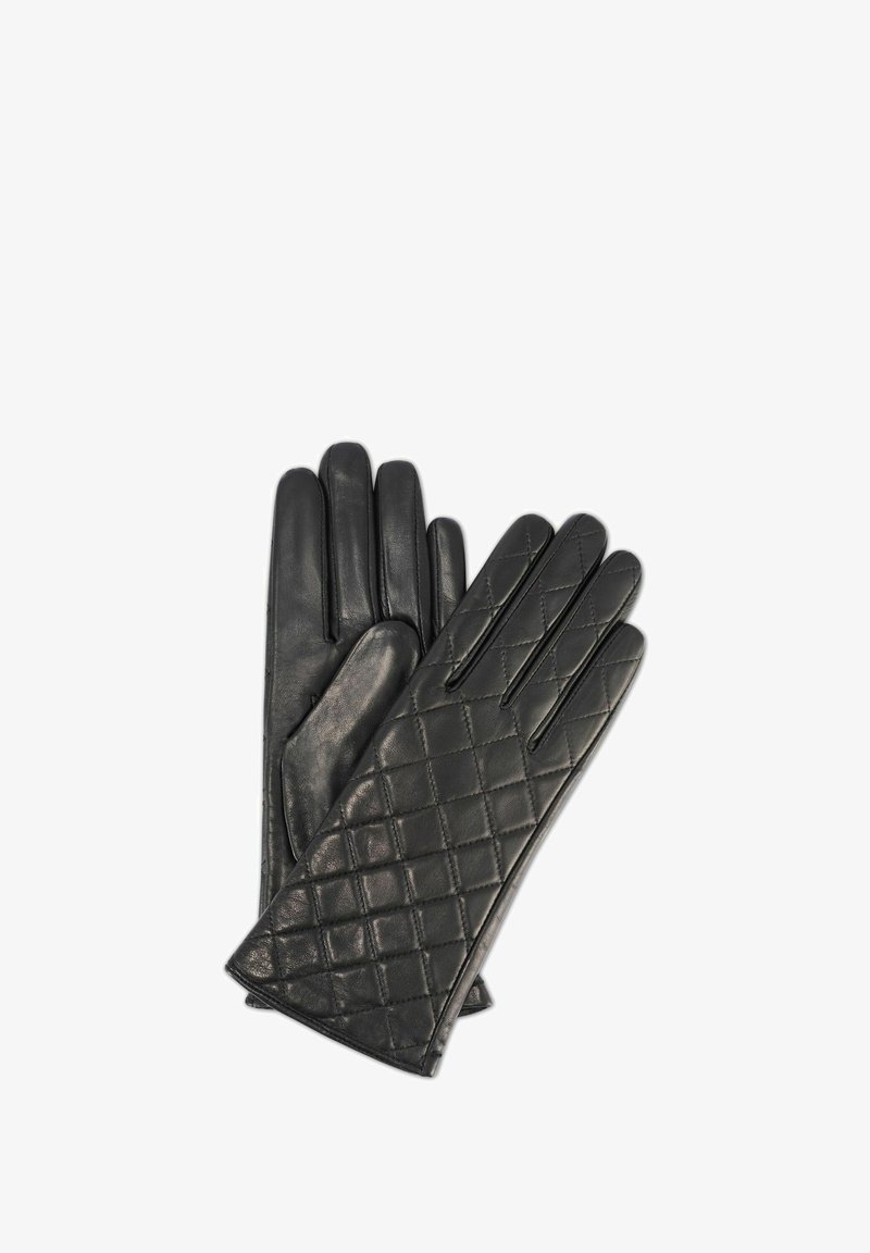 Czarne skórzane rękawiczki z zewnętrznym, diamentowym wzorem pikowania, wyposażone w pięć wydłużonych palców i gładką podszewkę wewnętrzną.