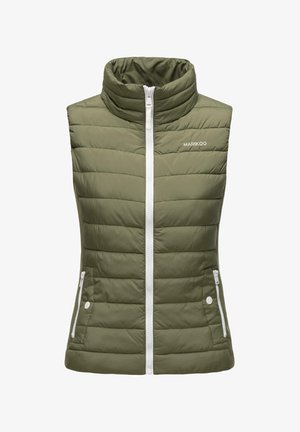 Olijfgroen mouwloos puffer vest met een hoge kraag, witte ritsclosure, en twee zijzakken met witte ritsen en subtiele stiksels.