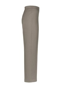 Grijze rechte broek met een elastische tailleband, gemaakt van een gladde stof. Geen zichtbare patronen of hardwaredetails.