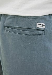 Sivi platneni šortsi s stražnjim džepom i etiketom "JACK & JONES EST.1990." Glatka tekstura s ležernim dizajnom.
