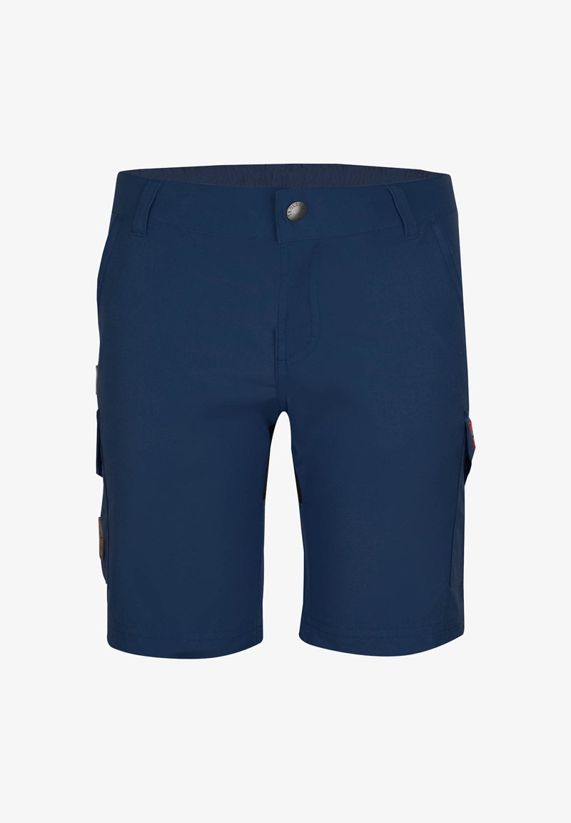 Bermudas cargo azul-marinho, feitas de um tecido leve, apresentam bolsos laterais e uma cintura tradicional com fecho de botão em metal.