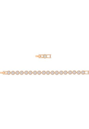 Armband aus roségoldfarbenem Metall mit runden Gliedern, die jeweils mit funkelnden klaren Steinen besetzt sind. Besitzt einen sicheren Verschluss und ein zentrales dekoratives Element.