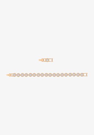 Rose gold bracelet with round links, each set with sparkling clear stones. Features a secure clasp and a central decorative element.