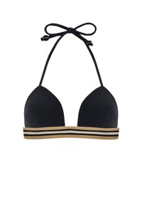 Czarny trójkątny biustonosz bikini z czarną i złotą paskowaną taśmą. Zawiązywany na szyi za pomocą cienkich pasków. Gładka tekstura materiału.