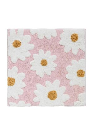 Pink rechteckiger Teppich mit großen weißen Gänseblümchen mit gelben Zentren, gleichmäßig über die Oberfläche verteilt.