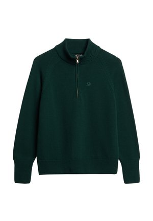 Green knit sweater with a high collar and a half zipper. Features raglan sleeves and subtle logo detail on the chest. Smooth texture.