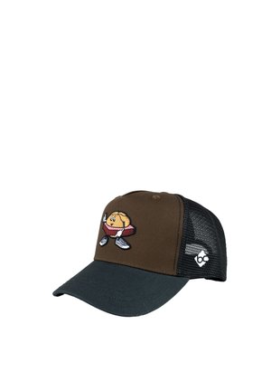 Zweifarbige braun-schwarze Mesh-Trucker-Kappe mit einer fröhlichen Cartoon-Kuchenfigur auf der Vorderseite und einem kleinen weißen Logo auf dem seitlichen Mesh-Panel.