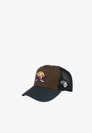 Zweifarbige braun-schwarze Mesh-Trucker-Kappe mit einer fröhlichen Cartoon-Kuchenfigur auf der Vorderseite und einem kleinen weißen Logo auf dem seitlichen Mesh-Panel.