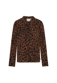 Bruine en zwarte luipaardprint blouse met lange mouwen, knoopsluiting aan de voorkant, puntige kraag en brede manchetten.