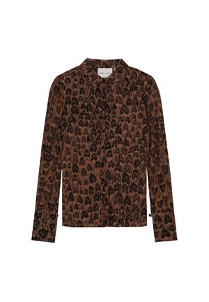 Bruine en zwarte luipaardprint blouse met lange mouwen, knoopsluiting aan de voorkant, puntige kraag en brede manchetten.