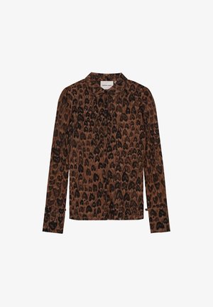 Bruine en zwarte luipaardprint blouse met lange mouwen, knoopsluiting aan de voorkant, puntige kraag en brede manchetten.