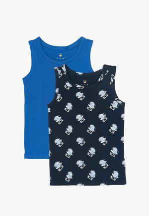 Twee mouwloze tanktops: één blauw, één zwart met een lichtblauw cartoonpatroon. Gemaakt van zachte stof, met ronde halslijnen en rechte zomen.