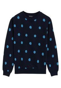 Sudadera azul marino con cuello redondo, decorada con grandes puntos azul claro, con puños y dobladillo acanalados, fabricada en un material suave y texturizado.
