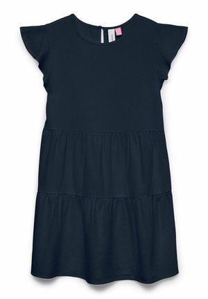 Vestido azul marino de manga corta y con volantes, con escote redondo y cierre con botón en la parte trasera.